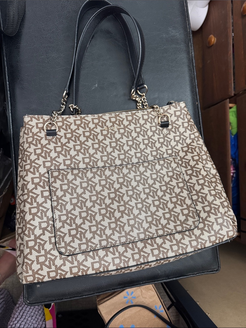 DKNY Beige and Black Logo Tote with Front Pocket
